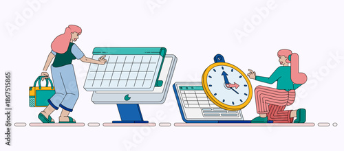 Managing Casual and Work Time Using Software Apps for Lifestyle Balance Office Organization and Better Productivity Efficiency. Design can be used for banner, website, poster, landing page, ads