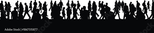 Black and White Silhouettes of Urban Crowd Walking in Various Directions Representing City Movement and Pedestrian Traffic Flow
