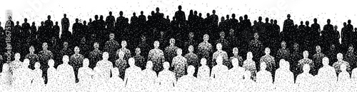 Abstract silhouette crowd illustration with gradient shading and stippling texture representing audience, unity, and social density