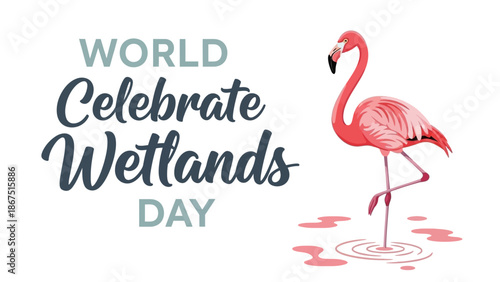 A serene illustration of a pink flamingo standing in shallow water on World Wetlands Day