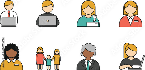 Cartoon Icons of Diverse People in Various Professions Representing Career Roles, Workplace Inclusion, and Social Representation