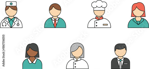 Cartoon Icons of Diverse Professions Including Doctor, Chef, Businessperson, Teacher, Scientist, and Hotel Staff in Vector Style