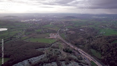 dusk Aerial view of the Cotswolds and Gloucester, countryside landscape, England