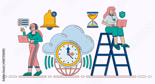 Cloud System Integrated with Clock for Accurate Timekeeping Services Notifications and Network Based Scheduling. Design can be used for banner, website, poster, landing page, social media, ads