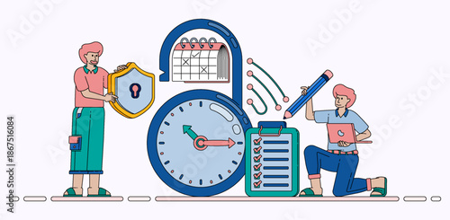 Secure Time Management Concept with Protected Clock for Events Scheduling Checklists Surveys and Safety Systems. Design can be used for banner, website, poster, landing page, social media, ads