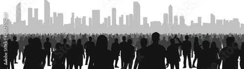 Silhouette crowd in front of city skyline representing urban population, public gathering, social density, and metropolitan life