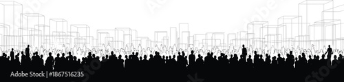 Silhouette crowd in front of outlined cityscape representing urban density, public gathering, and metropolitan social presence