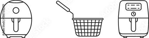 Minimalist air fryer icon set featuring modern kitchen appliance silhouettes and fryer basket for healthy cooking lifestyle branding.