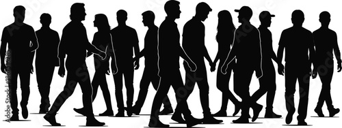 Silhouette illustration of diverse people walking in urban street scene showing motion, lifestyle, and human interaction