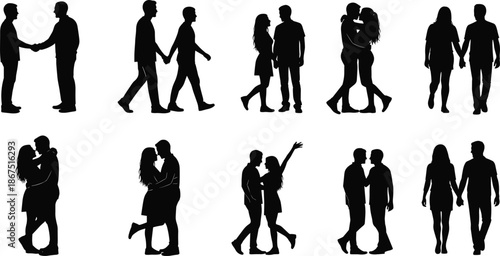 Silhouettes of couples in romantic and affectionate poses, hugging, kissing, holding hands, walking together, dancing, celebrating love and companionship