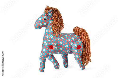 Handmade soft toy horse. Blue horse with apples.