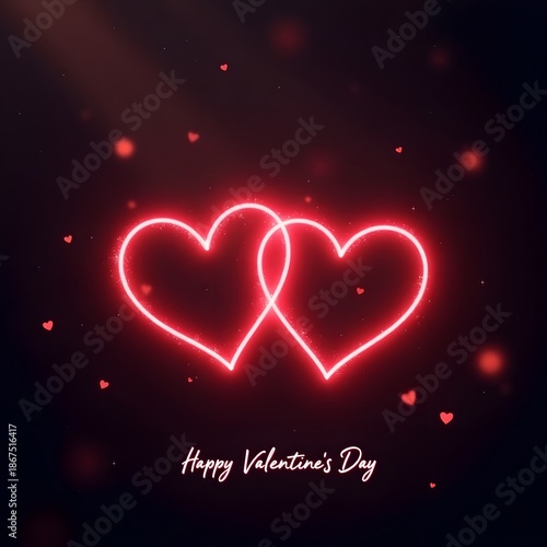 Romantic Valentine’s Day background featuring glowing neon light ribbon hearts with sparkling particles on a dark luxury backdrop