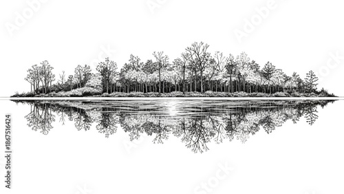 A serene landscape illustration of trees reflected in calm water