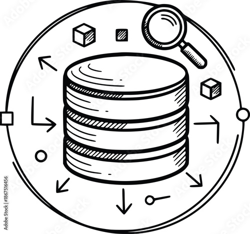 vector illustration of a central database with magnifying glass, data cubes, and flow arrows, big data concept icon minimalist black and white design with solid fill strokes in doodle style