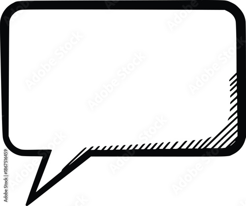 black and white rectangular speech bubble doodle, vector illustration in a hand-drawn style using solid black fills to create sketchy outlines and side hatch shading