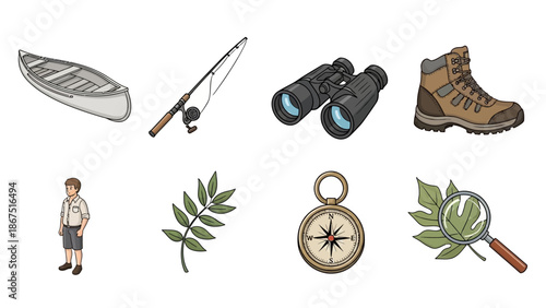 Outdoor exploration elements including a person, canoe, and nature observation tools.
