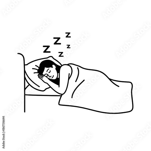 woman sleeping in bed with zzz symbols line art illustration