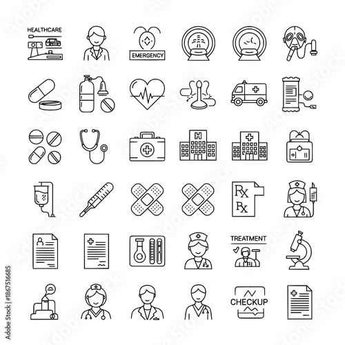 Medical and Hospital Equipment Line Icons Vector Set with Editable Stroke for Healthcare Illustrations