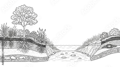 A serene riverbank landscape with a tree, plants, and a cross-section view of the soil layers
