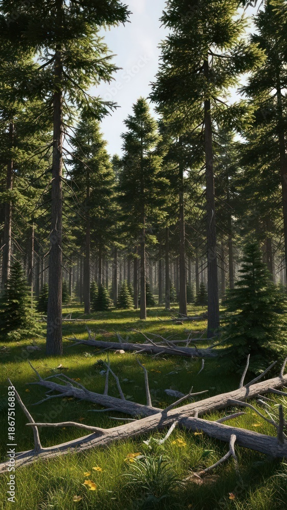 Fototapeta premium Peaceful sunlit forest scene with tall trees and reflective water.