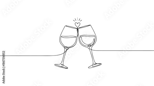 Minimalist Continuous Line Art of Two Wine Glasses Toasting for Valentine's Day Celebration