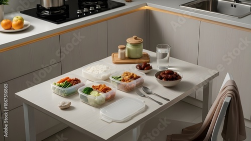 Healthy meal prep boxes with rice, vegetables, and dates on a white kitchen table