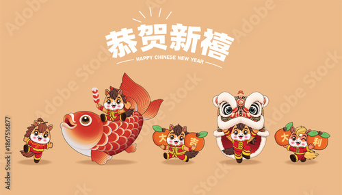 Vintage Chinese new year poster design with horse character. Chinese wording means Happy new year, Great fortune and great favor