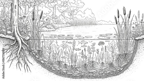 Detailed cross-section illustration of a serene lake ecosystem with diverse aquatic plants and trees