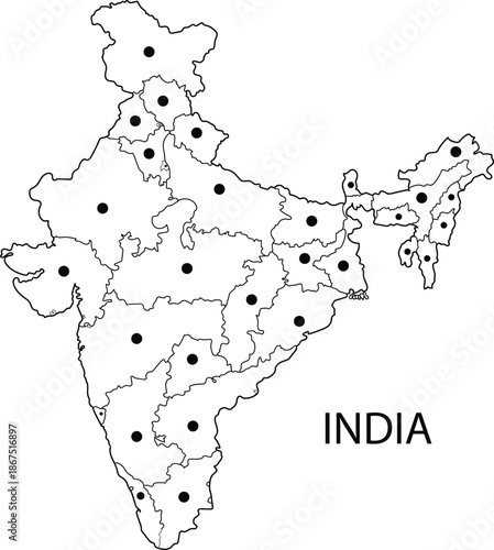 Outline Sketch Map of India With States and Cities, can be used for business designs, presentation designs or any suitable designs