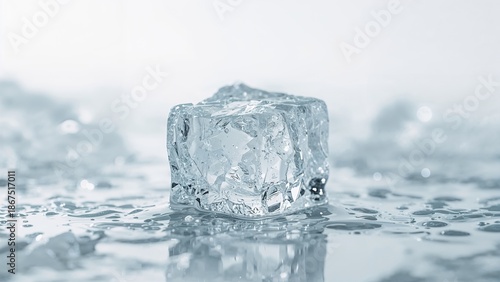 A solitary ice cube floating on water surface with ripples and reflections. Cold and refreshing, the concept of purity, winter, and climate phenomena.