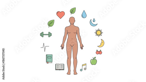 A human figure surrounded by healthy lifestyle icons including fruits exercise and wellness symbols