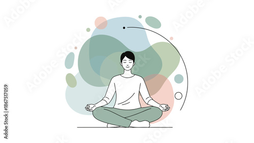 A serene woman meditates in lotus position with eyes closed in front of abstract colorful circles background