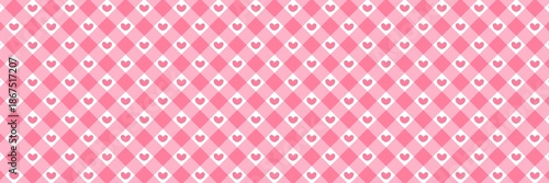Pink gingham seamless pattern banner with cute hearts. Romantic checkered background for Valentine's Day, wedding invitations, and feminine designs.