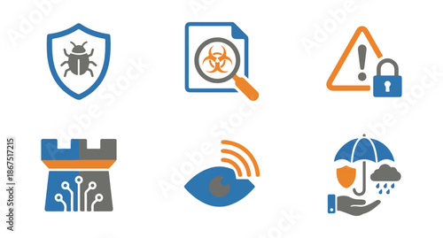 Security and protection icons shield bug document analysis lock warning fortress eye umbrella
