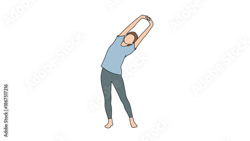 Woman in a dynamic stretching pose with arms raised overhead in a fitness or yoga setting for health and wellness