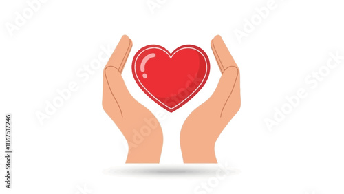 Hands cradling a red heart symbol on white background representing love care and health