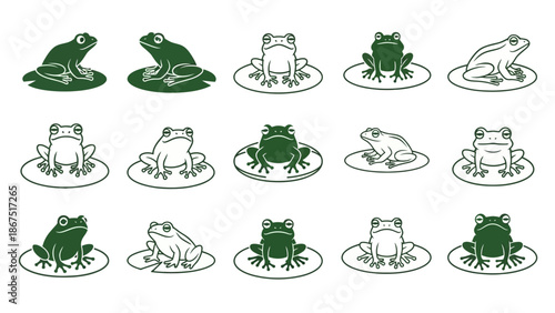 A collection of frogs sitting on lily pads, varying in shades of green and white, displayed in a grid pattern against a clean white background