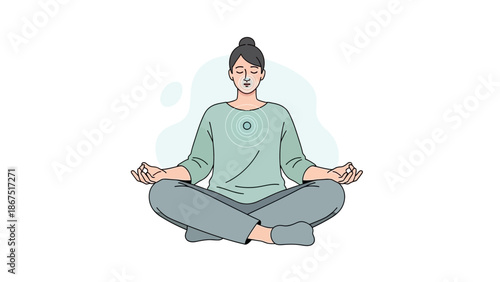 Woman sitting in lotus position with eyes closed meditating peacefully in a serene environment with a calming