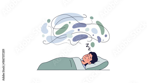 A man sleeps peacefully with a serene expression and thought bubbles floating above his head