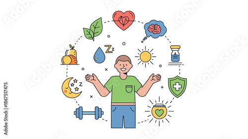 Man surrounded by icons representing healthy lifestyle choices and wellness concepts