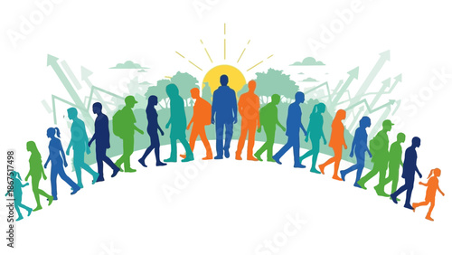 A group of diverse people walking together towards a bright sunny future with arrows pointing upwards