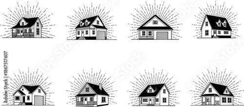 House architecture icon set, black and white residential design, stylized home illustration, porch garage window sketch, vector building layout, radiant effect