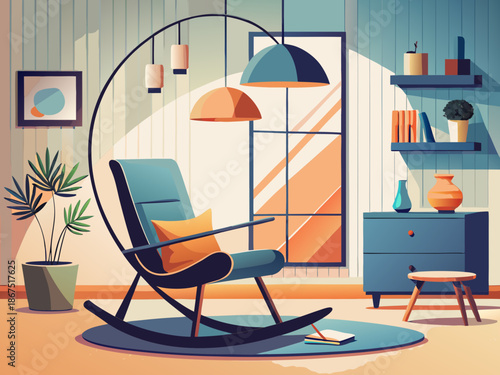 Modern living room with black rocking chair and arc lamp minimalist interior design contemporary stylish home decor soft light photography