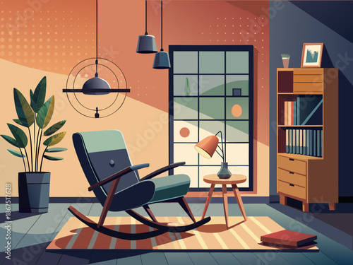 Modern living room with black rocking chair and arc lamp minimalist interior design contemporary stylish home decor soft light photography