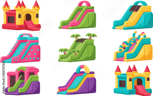 Inflatable bounce house collection, colorful slide design, party rental equipment, kids play structure, castle theme bouncer, fun event icon, vector illustration