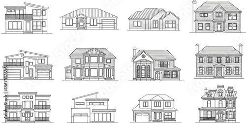 House architecture illustration set, residential design variety, modern traditional colonial Victorian style, porch garage balcony sketch, vector home layout, building concept