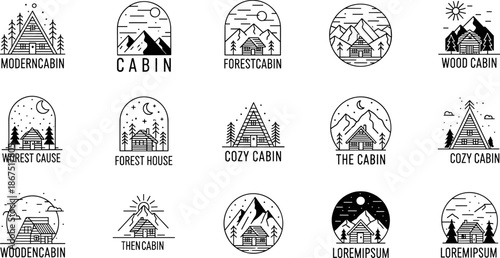 Cabin logo design collection, forest cabin branding, mountain retreat emblem, cozy lodge illustration, outdoor lifestyle badge, rustic nature logo, black and white vector