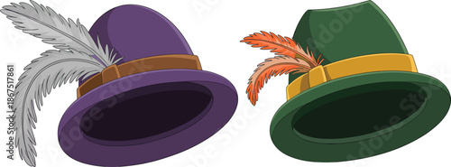 Traditional alpine tyrolean hat vector illustration set, felt hunting headwear with feathers for Octoberfest festival design