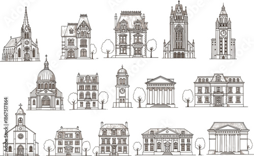 Architectural building illustration set, historic structure line art, gothic baroque neoclassical style, church tower house sketch, vintage architecture drawing, vector design