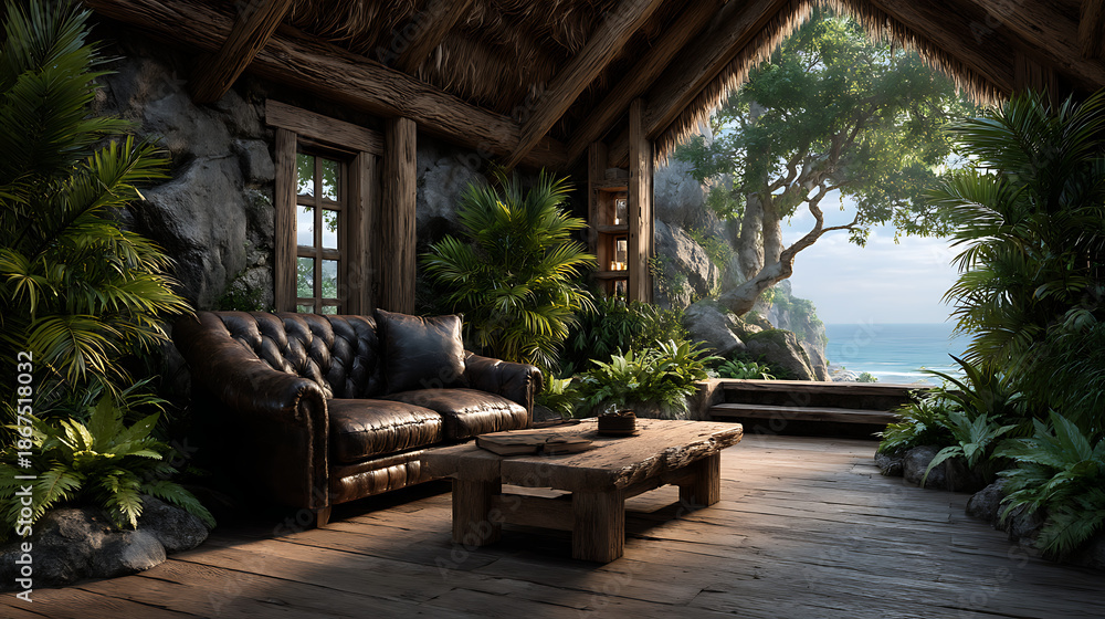 Obraz premium Luxury tropical resort hotel with palm trees, wooden tables and chairs by the pool near the sea